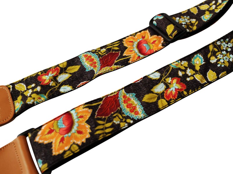 MUSIC FIRST Original Design, 2 inch width (5cm), Vintage French Country Style â€œFloralâ€ Soft Muslin & Genuine Leather Delux Banjo Strap, With 2 pieces of MUSIC FIRST Leather Strap Locker. - Image 4